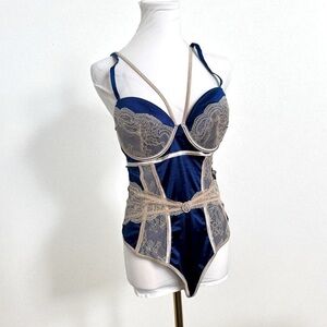 Navy Satin Lace Corset Bodysuit Dress Bustier Lingerie 10